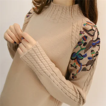 

2020 Female Half Turtleneck Sweater Female Sleeve Head Embroidery Twist Loose All-match Long Sleeved Bottoming Sweaters