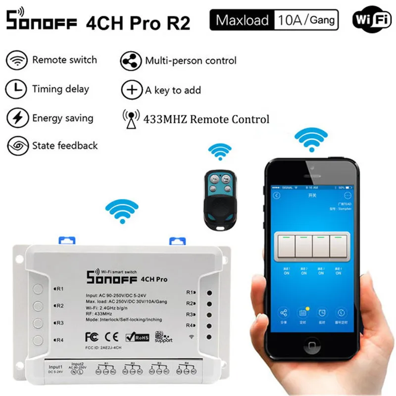 Интеллектуальный выключатель света SONOFF 4CH Pro Rev2 4-Gang Smart RF переключатель Wi-Fi статус отслеживающего устройства дистанционного Управление