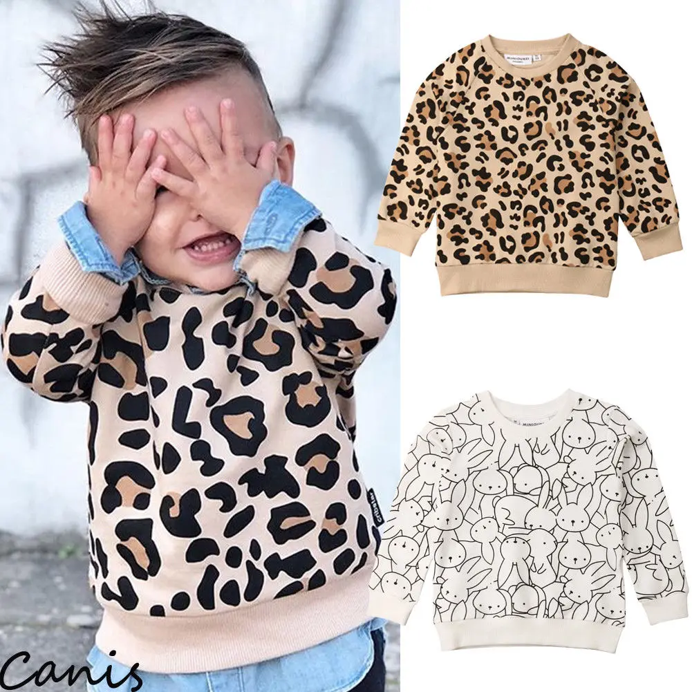 

Spring Fashion Toddler Kid Baby Girls Boys O-neck Bunny Leopard Print Top Long Rib Sleeve Sweatshirts Hoodies Clothes Streetwear