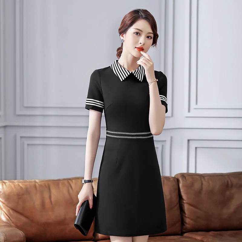 

2019 Summer Short Sleeve Female Women Office Lady Mini Dress Work Wear Elegant Casual Formal Business Striped Turn Down Collar
