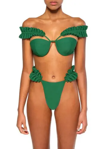 

Summer Women Crinkle Bikini Set Green Solid Color Bandage Push Up Bra Swimwear Swimsuit Bathing Ladies Beachwear