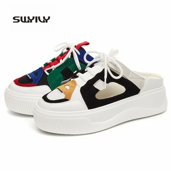 

SWYIVY Women Sneakers Summer Shoes Woman 2019 New Half Slipper Canvas Mules Shoes Female Lady Outside Slippers Breathable Wedge