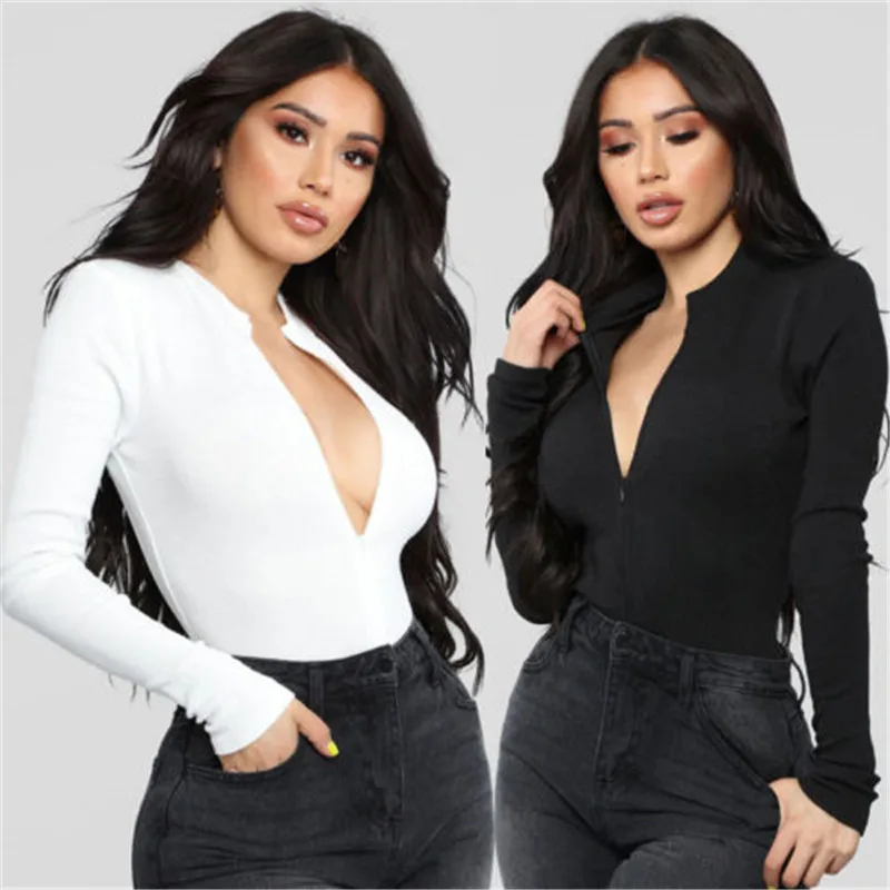 

Women New Solid Long Sleeve Deep V Neck Slim Cotton Bodysuit Tops Jumpsuit Rompers Autumn Bodysuit