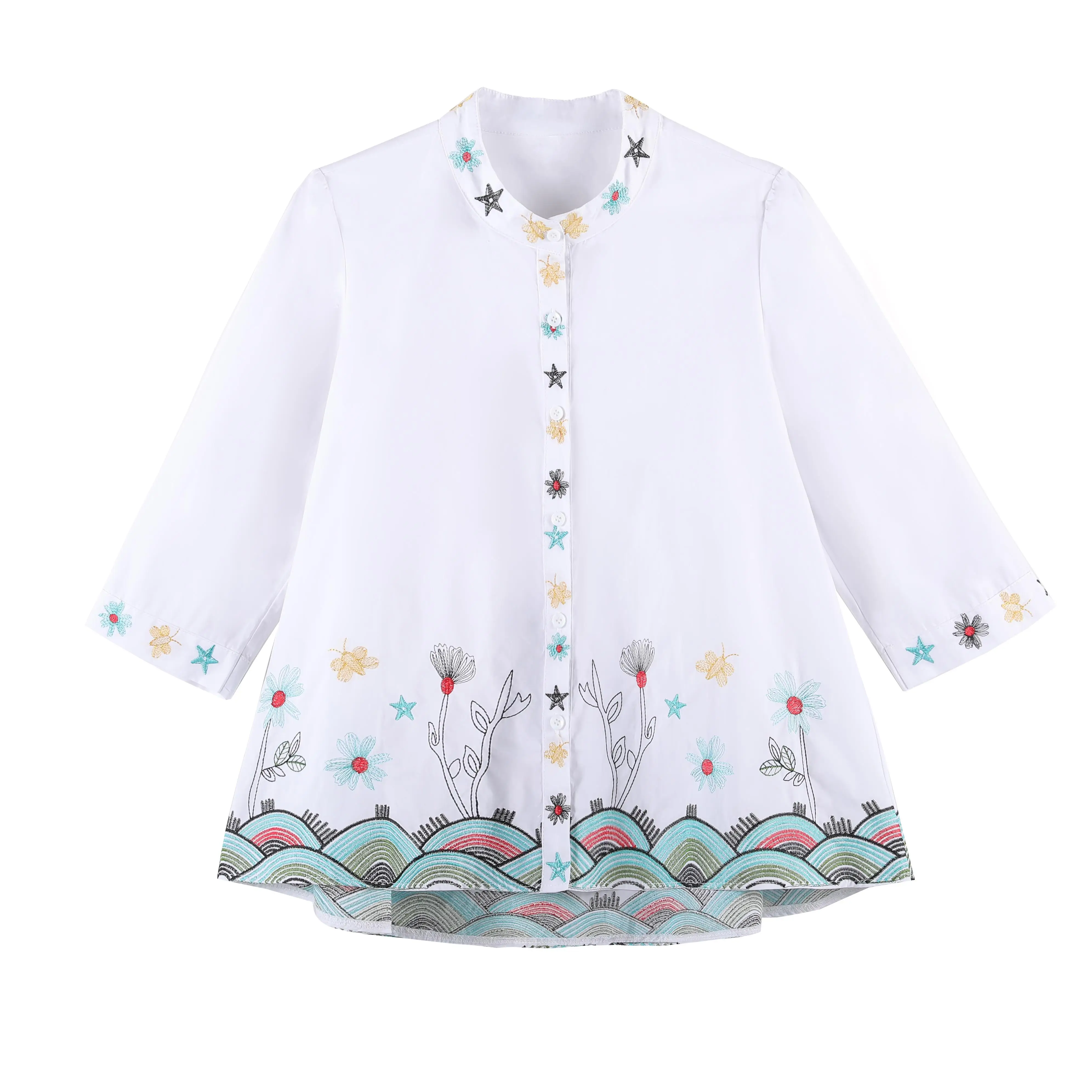 

2019 New Spring Women Shirts Three Quarter Sleeve Loose Haveen Ready Embroidered Doll Blouse Shirt White 5652