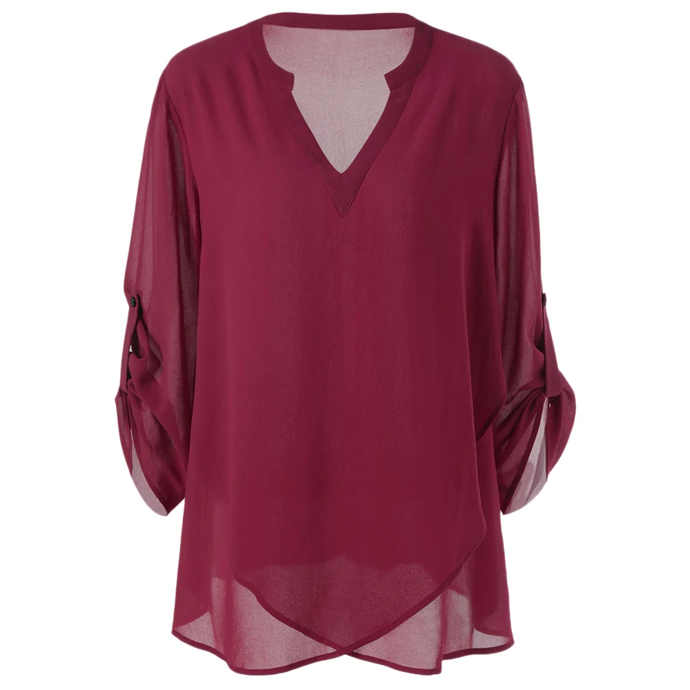 

Wipalo Plus Size Split-Neck Adjustable Sleeve Blouse Casual Solid V Neck Long Sleeve Blouses Women Tops Fashion Female Clothes