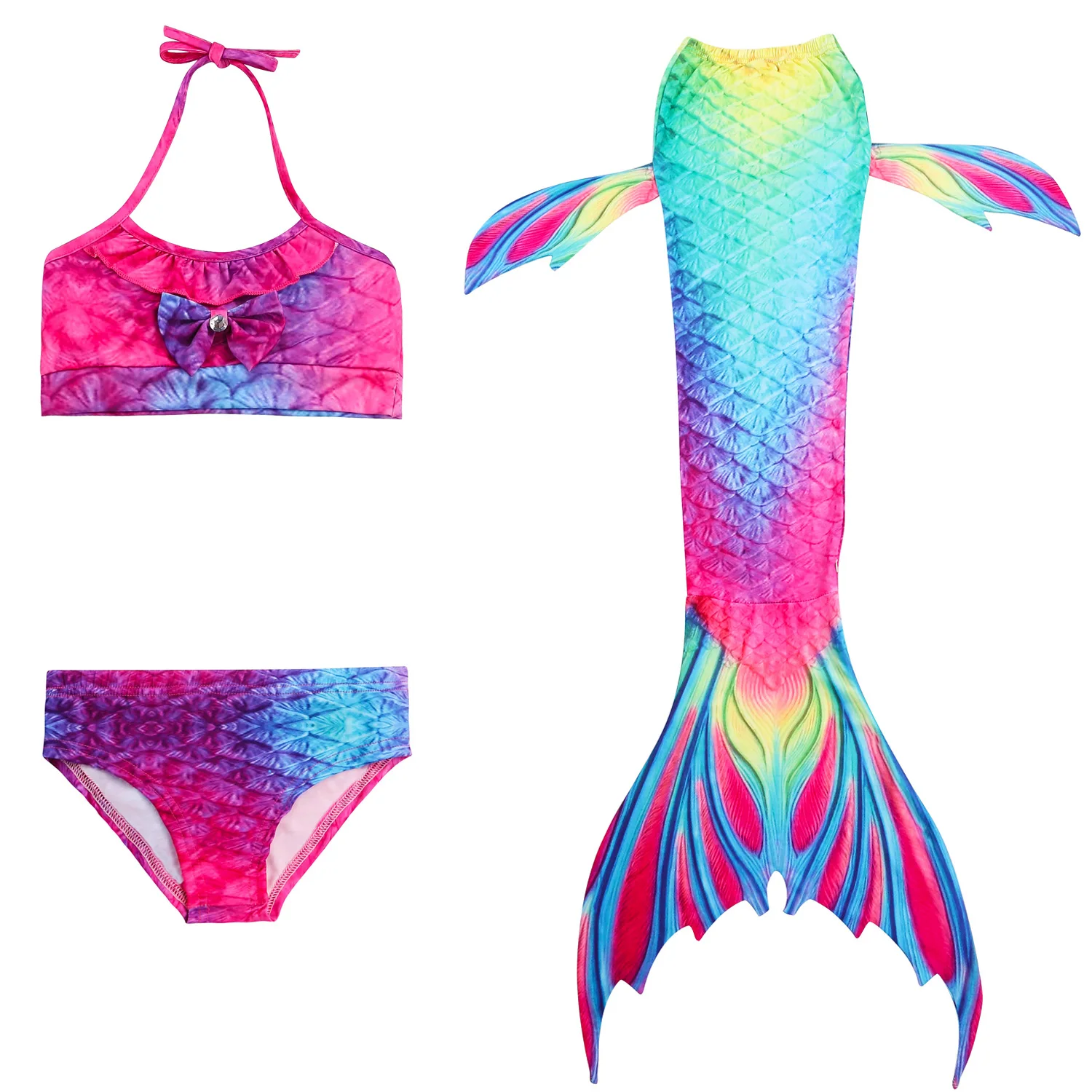 3 Pcs Kids Children Mermaid Tail Swimming Costume Bikini Set Swim Dress Cosplay No Monofin Swimwear For Girls Anime Cos