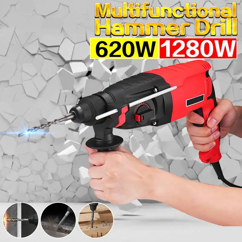 

220V 620W/1280W 24/26mm 3 Function Electric Impact Drill Rotary Hammer Electric Pick w/2xDrill Household Woodworking Screwdriver