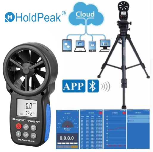 0,3~ 30 м/с цифровой анемометр с мобильным приложением измеритель скорости ветра измерительный прибор для измерения температуры, HoldPeak HP-866B-APP