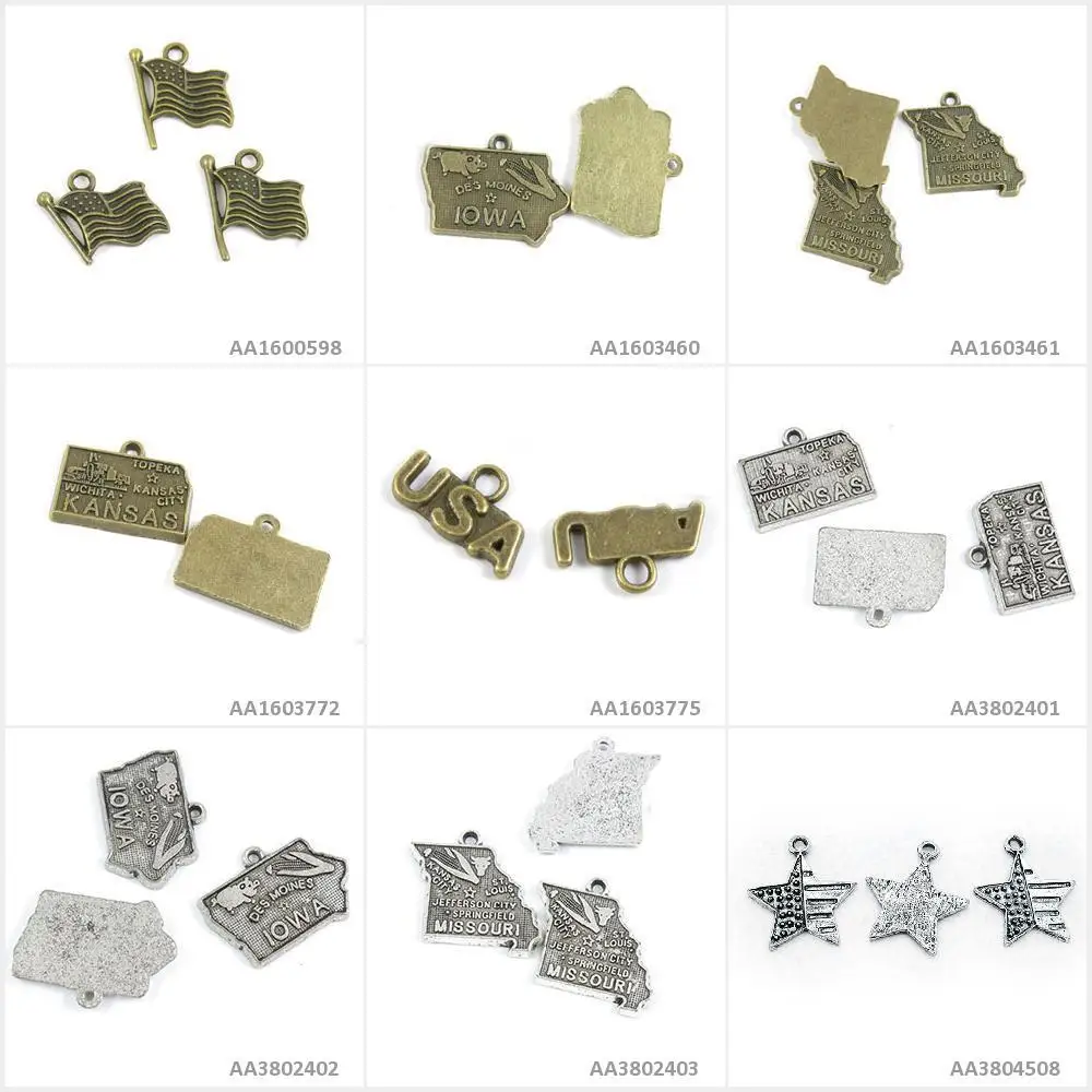 Antique Bronze Silver Tone Jewelry Charms US Stars Missouri Map Iowa Tags Kansas USA Signs United States Flags Bracelet Pendant | Украшения