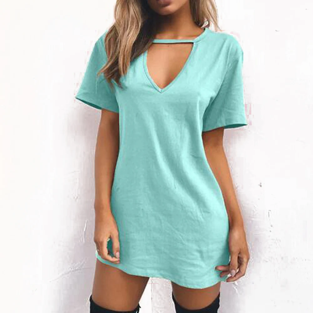 

Women Sexy Hollow V Neck Long T-shirts Casual Loose A-Line Mini Dress Short Sleeve Ladies Summer Solid Color Tops Cotton Tees