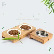 Керамическая миска для кошек, Бамбуковая стойка, двойная собачья миска, миска, автоматическая поилка для домашних животных