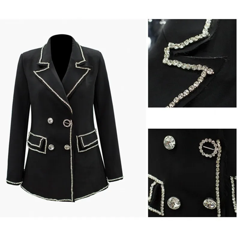 ZOUHIRC 2019 Designer Rhinestone Blazer Women Double Lion Buttons Shawl Collar Glitter Crystal Long Black Blazers High Quality