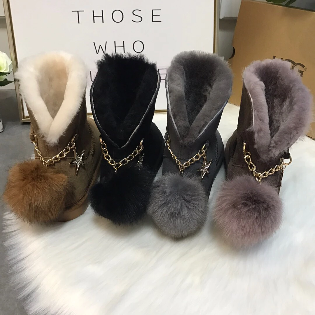 

LUKLUKS sheepskin fox fur mid height cross tied winter women snow boots