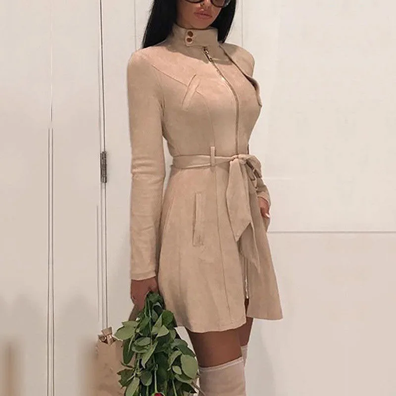 2019 Autumn Office Lady Slim High Waist Sashes Coat Solid Suede Leather Jacket Women Coat Slim Trench Coat Outwear Tops