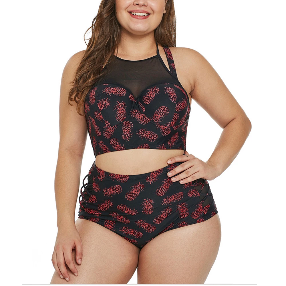 

Woman Plus Size 2 Pieces Tops + Panties Beach Wear Fashion Mesh Spliced Retro Swimwear Large Size Vintage Printed Swimming Wear