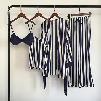 

New Arrival Summer Design Four Pieces Satin Pajamas Bathrobe Bras Tops Pants Luxury Sexy Nighties