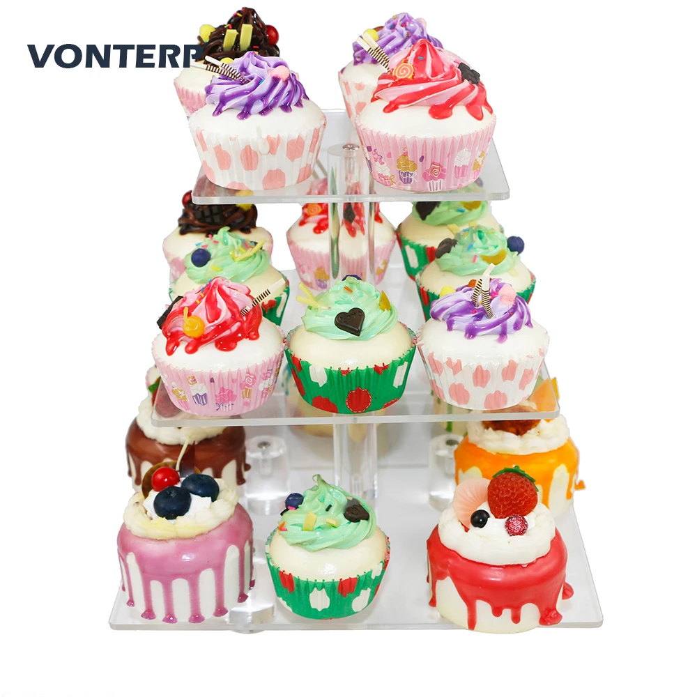

VONTERP square transparent 3 Tier Acrylic Cupcake Display Stand acrylic cake holder with base 3 Tier square(4" between 2 layers)