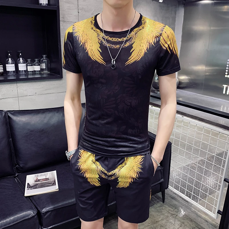 

Summer Casual T-shirt+Shorts Two-piece Men's Sportswear Set Men's T-shirt Fashion 2019 Mens T-shirt Set Personality Eagle Print
