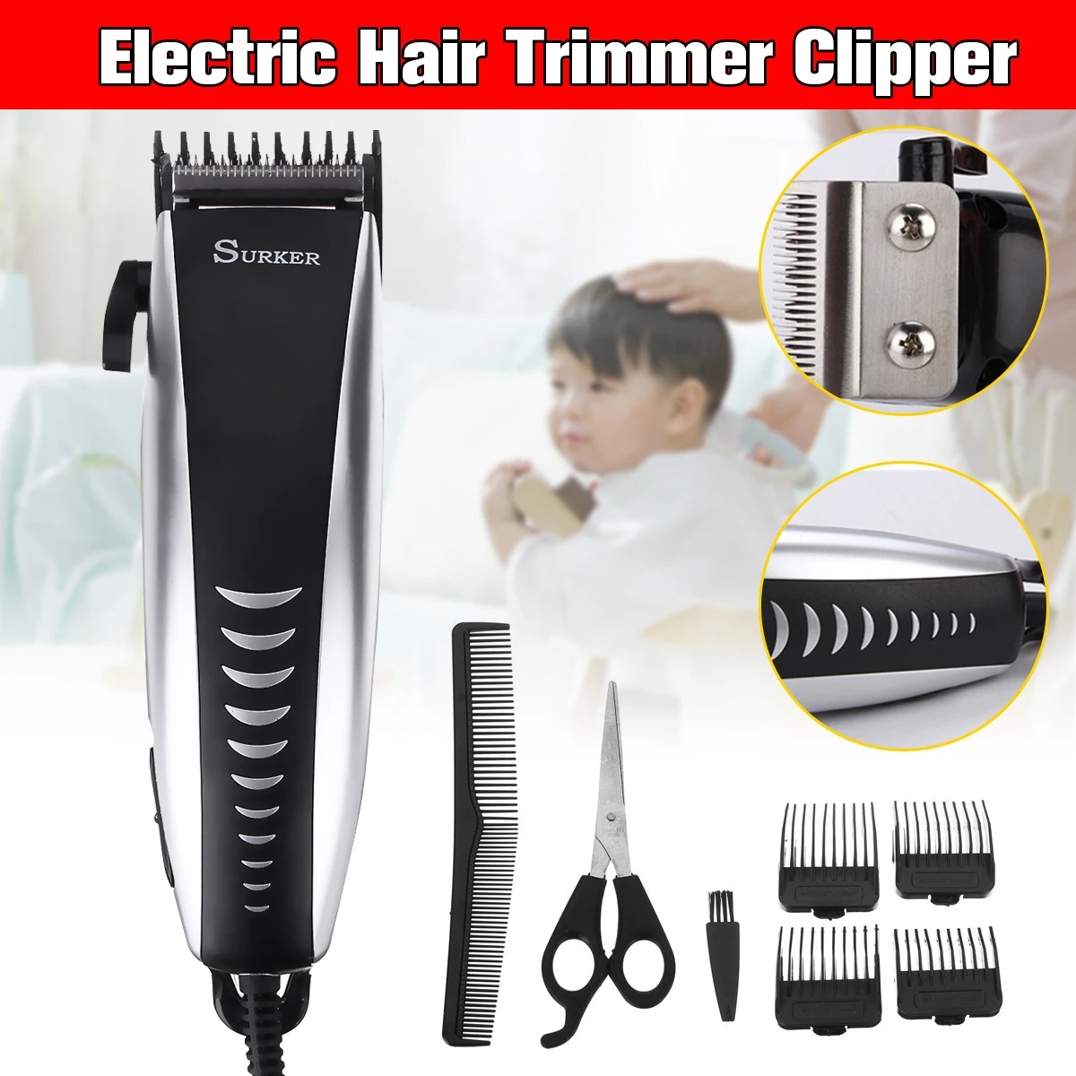 

Professional Men Electric Hair Trimmer 220-240V 50Hz 12W Clipper Cutting EU Plug Kids Man Adult Anti Slip Set Scissor Adjustable