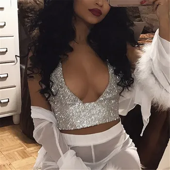 

Summer Women Sexy Tank Top Strap Sequined V Neck Tank Solid Backless Crop Tops