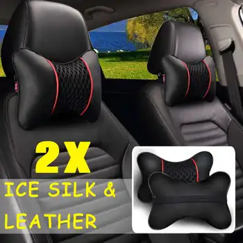 

2Pcs PU Leather Knitted Car Pillows Headrest Neck Rest Cushion Support Seat Accessories Auto Black Safety Pillow Universal Decor