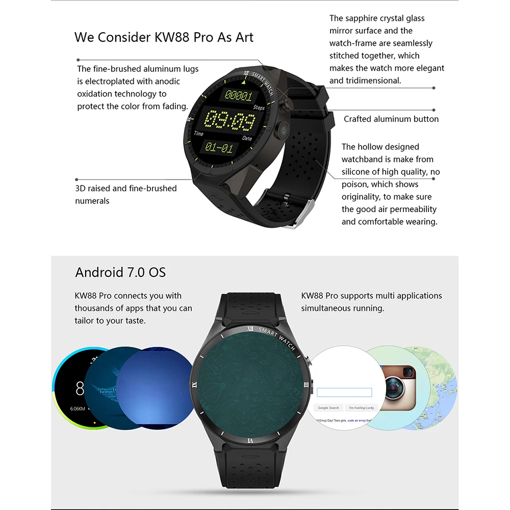 Kingwear KW88 Pro 3g Smartwatch телефон Android 7,0 MTK6580 четырехъядерный 1. 3g Hz 1 Гб+ 16 Гб gps Nano SIM карта смарт часы