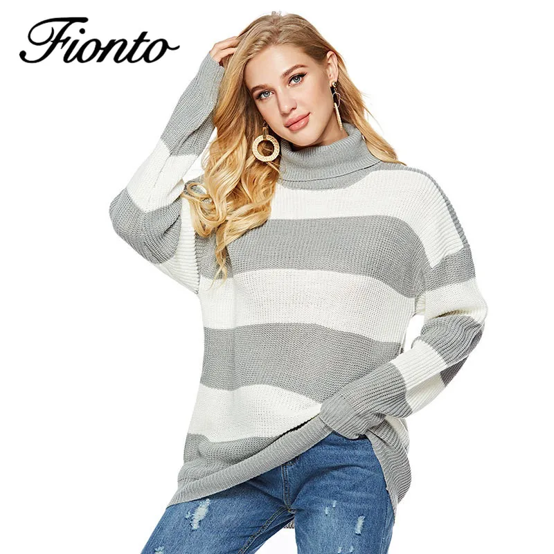 

Autumn and Winter Warm Sweater Casual Striped Pullover Sweater Large Size Women's Long Sleeve High Collar Sweater jf3323