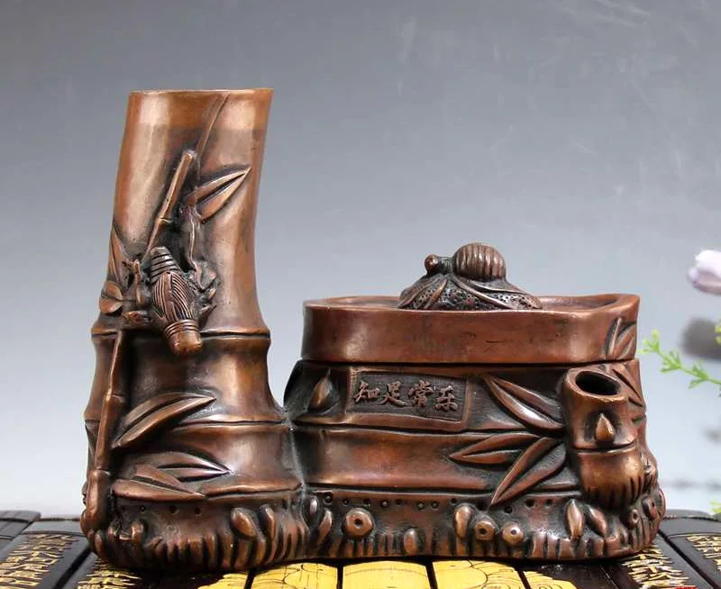 

Chinese Brass Sculpture Ornament Bamboo Pen Holder Incense Burner