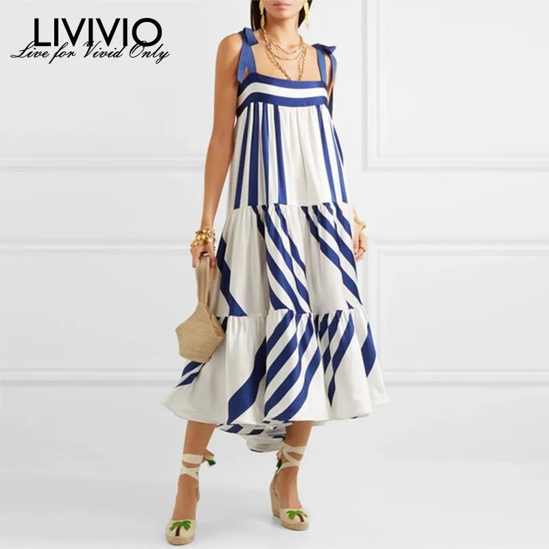 

[LIVIVIO] Striped Spaghetti Strap Dress 2019 Summer Clothes for Women Streetwear Boho Sleeveless A Line Elegant Long Dresses New