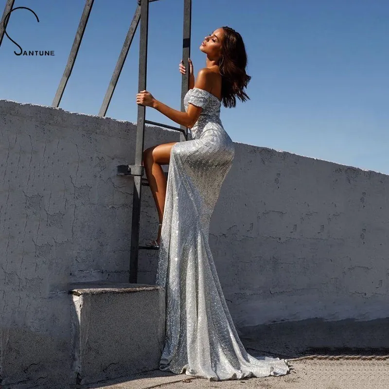 

Sexy Sequined Bodycon Party Dress Mesh Backless Maxi Dress Geometric Elegent High Split Off The Shoulder Summer Dresses Women