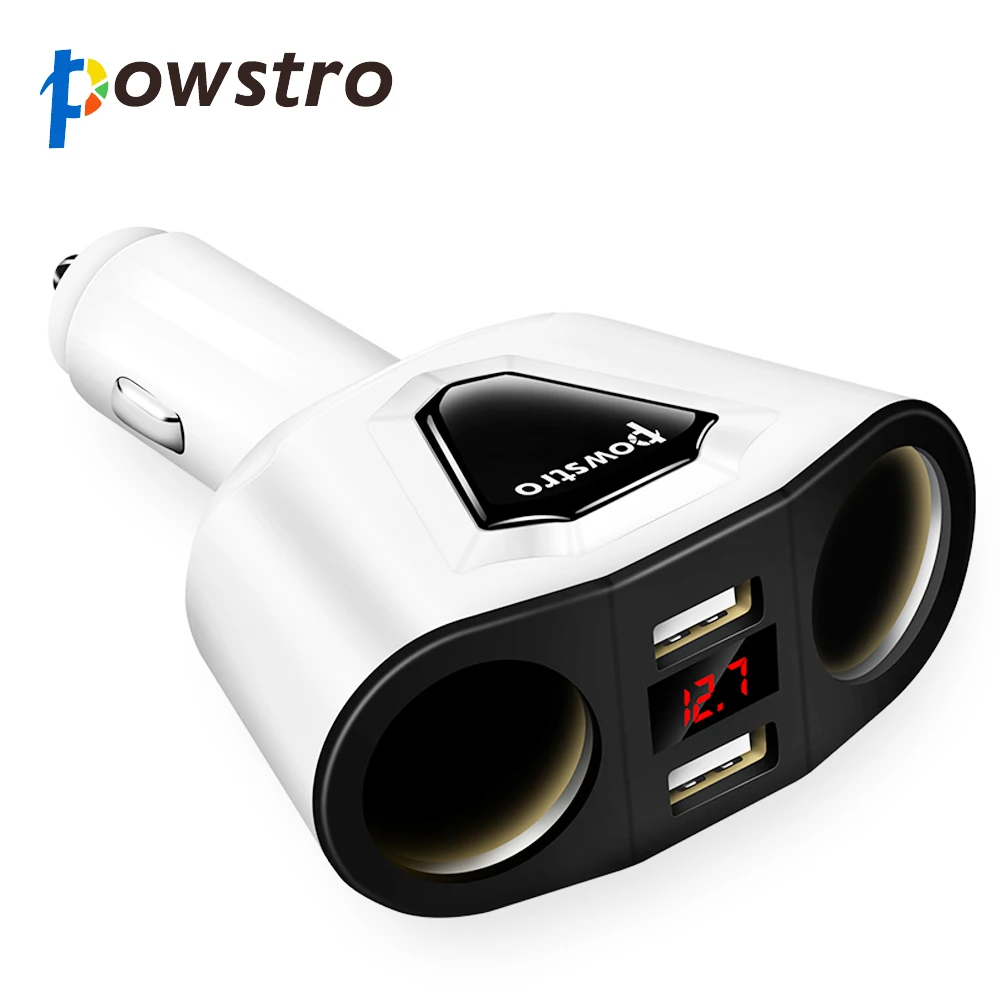 Powstro 3.1A устройство для автомобиля с двумя портами USB Зарядное устройство с 2 гнезда прикуривателя 120W Мощность Поддержка Дисплей ток Volmeter для iPhone iPad