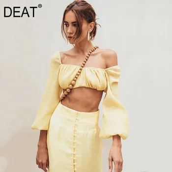 

DEAT 2020 New Summer Fashion Lantern Sleeves Square Collar Short Wrap Bust Sexy Shirt Female Blouse Vacation WG29507L