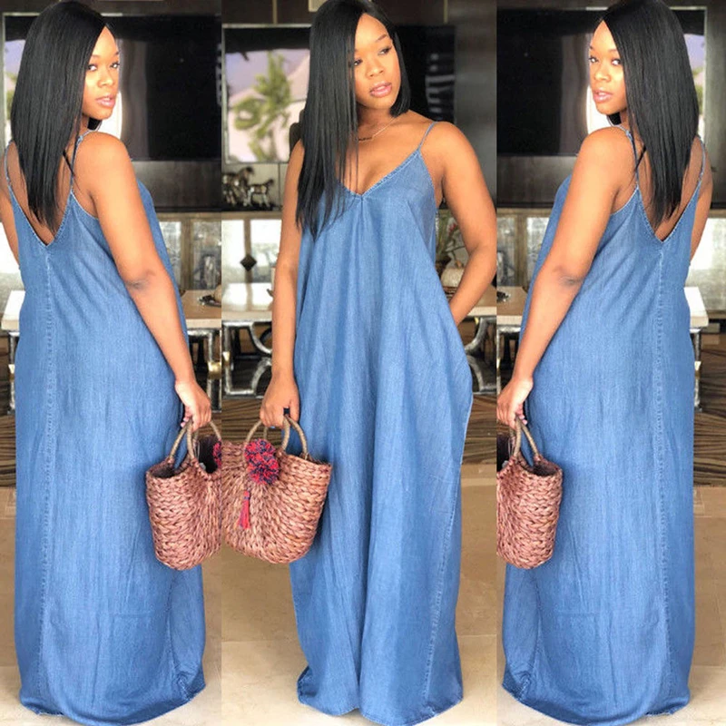 

Plus Size Boho Backelss Summer Long Denim Maxi Dress Women Loose Jean Sundress