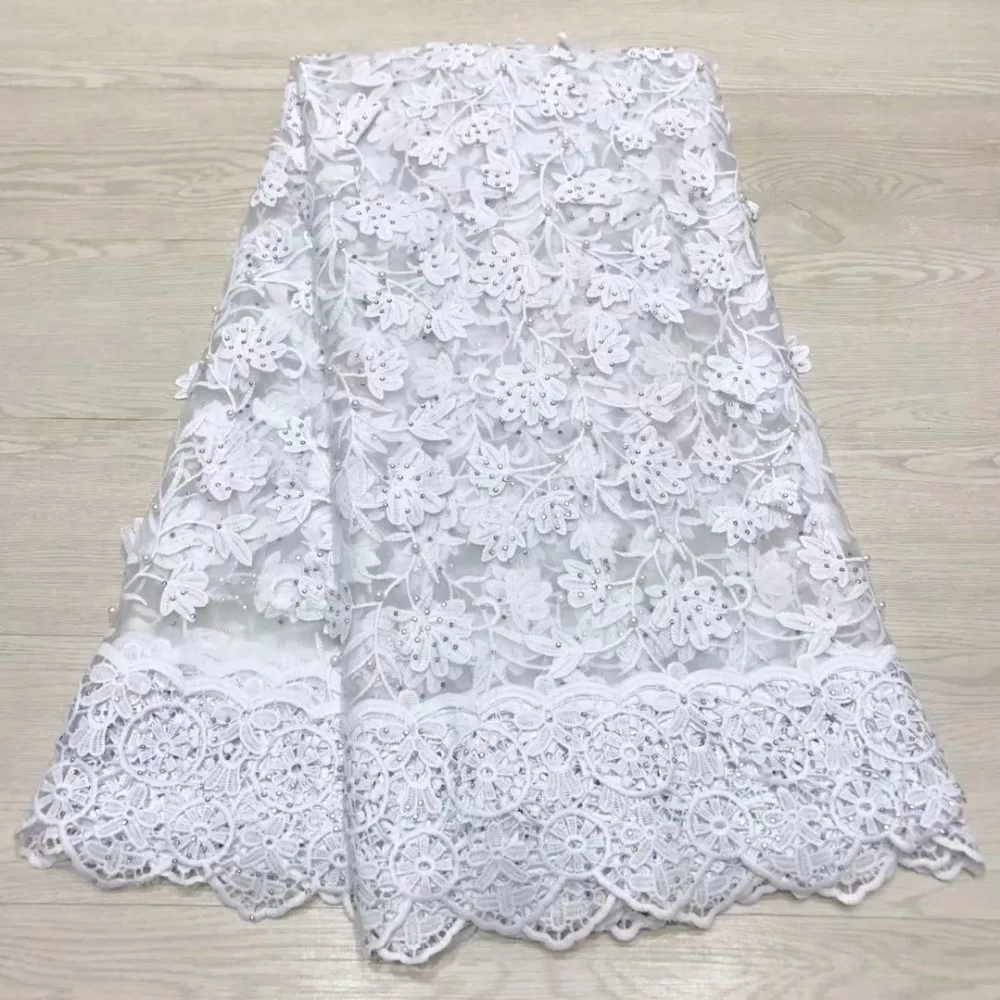 

White 3D lace fabric 2019 high quality french guipure lace embroidered beaded stones chemical cord Nigerian wedding tulle lace