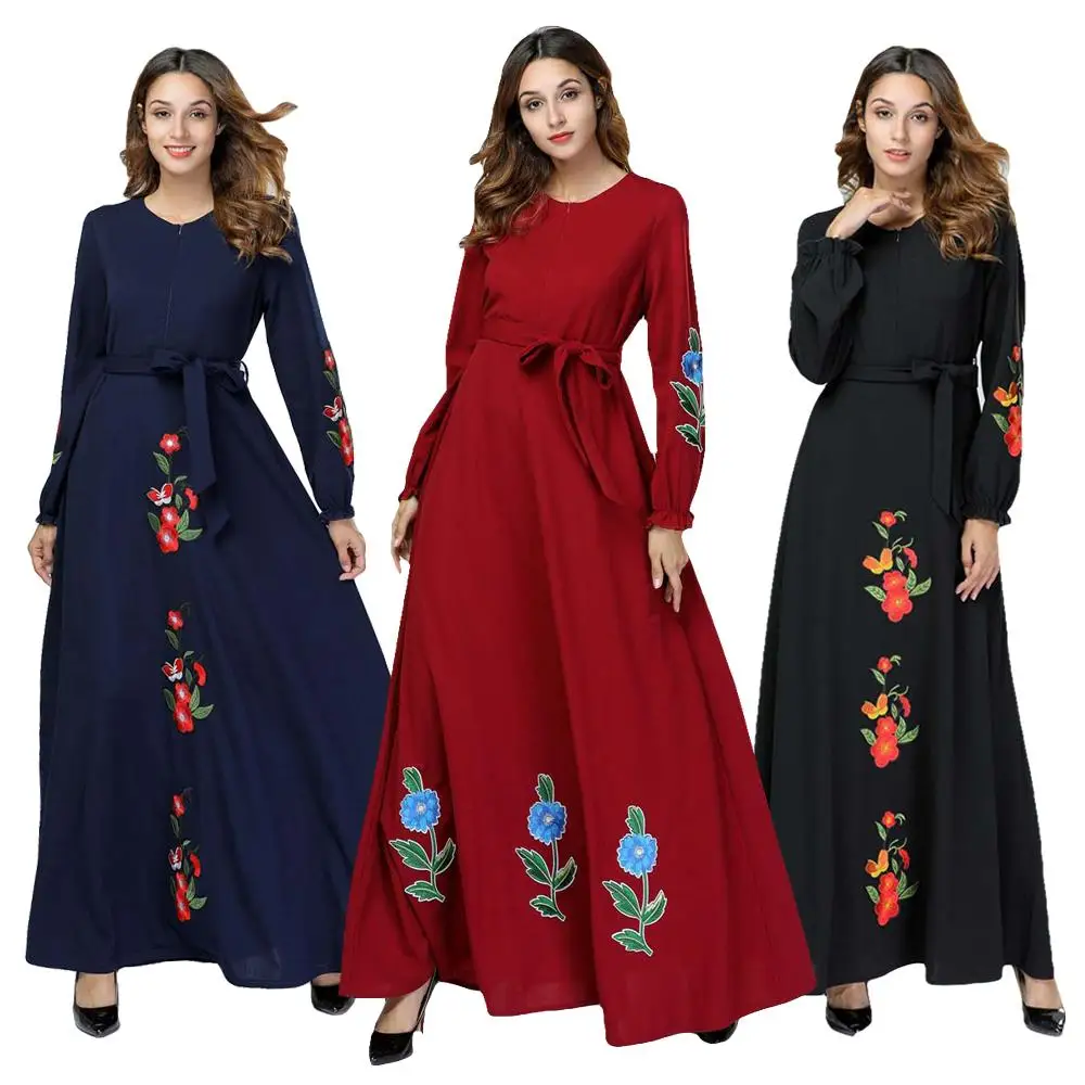 Muslim Dubai Maxi Gown Women Embroidery Flower Long Dress With Belt Long...