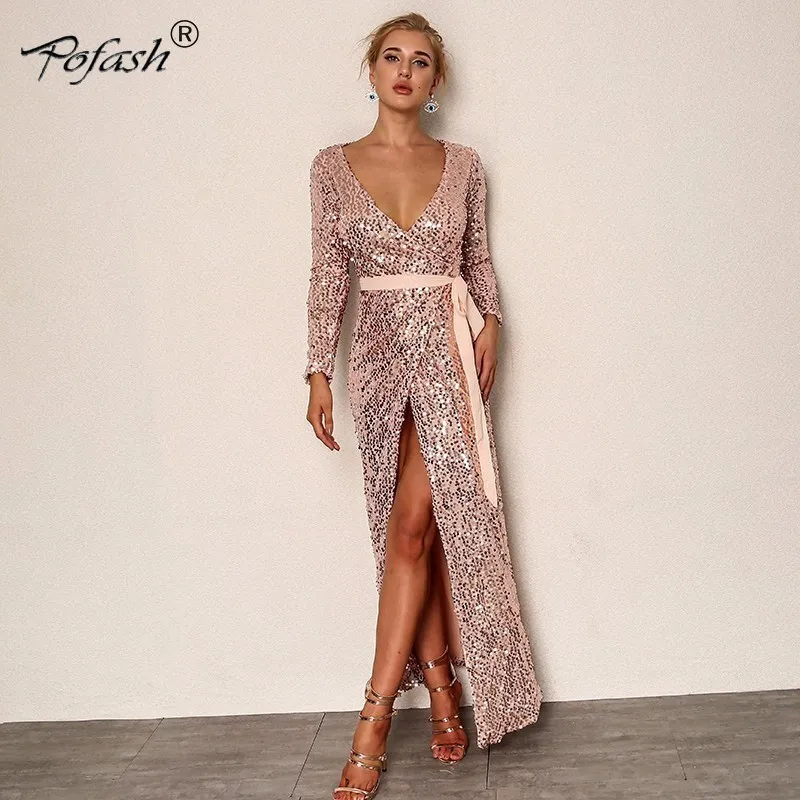 

POFASH Sexy Club Wear Party Dress Women Knot Deep V Neck Twist Front High Slit Dresses Long Sleeve Maxi Sequin Dress Vestidos