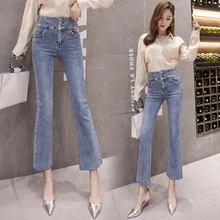 Весна Schinteon плюс размер женские джинсовые брюки длиной до щиколотки Высокая талия эластичные брюки Мода 69081