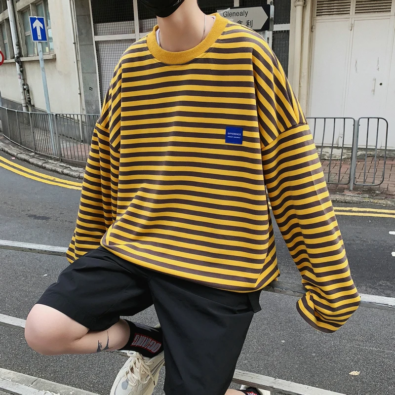 

2019 Spring Men's New Clothes Stripe Printing Round Collar Coats Male Hoodies Cotton Casual Loose Black/green/yellow Sweatshirt
