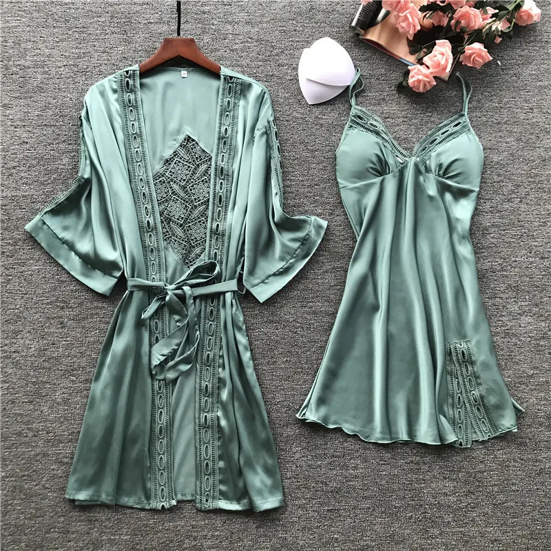 

2019 Sleep Lounge Pijamas Bathrobe Women Robe Gown Long Sleeve Ladies Nightwear Sets Sexy Lace Night Dress With Chest Pads