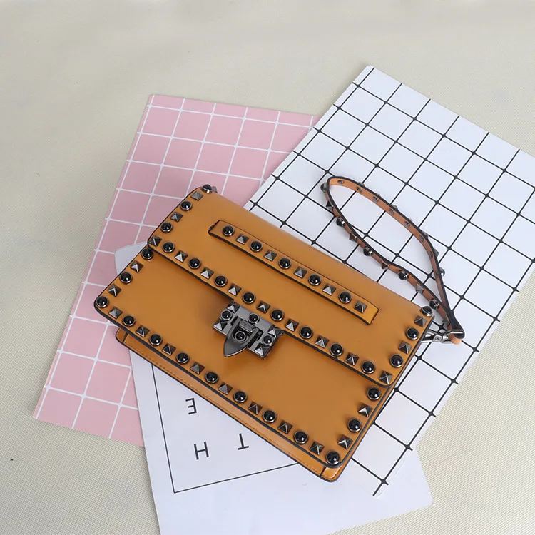 

2018 new style rivets cowhide small square Lady bag lock luxury handbags women bags designer shoulder S leather Clutch bag