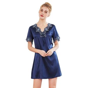 

Women Night Dress Nightwear Summer Short Sleeve Sleep Shirt V-Neck Lace Night Dress Gown Elegant Short Kimono