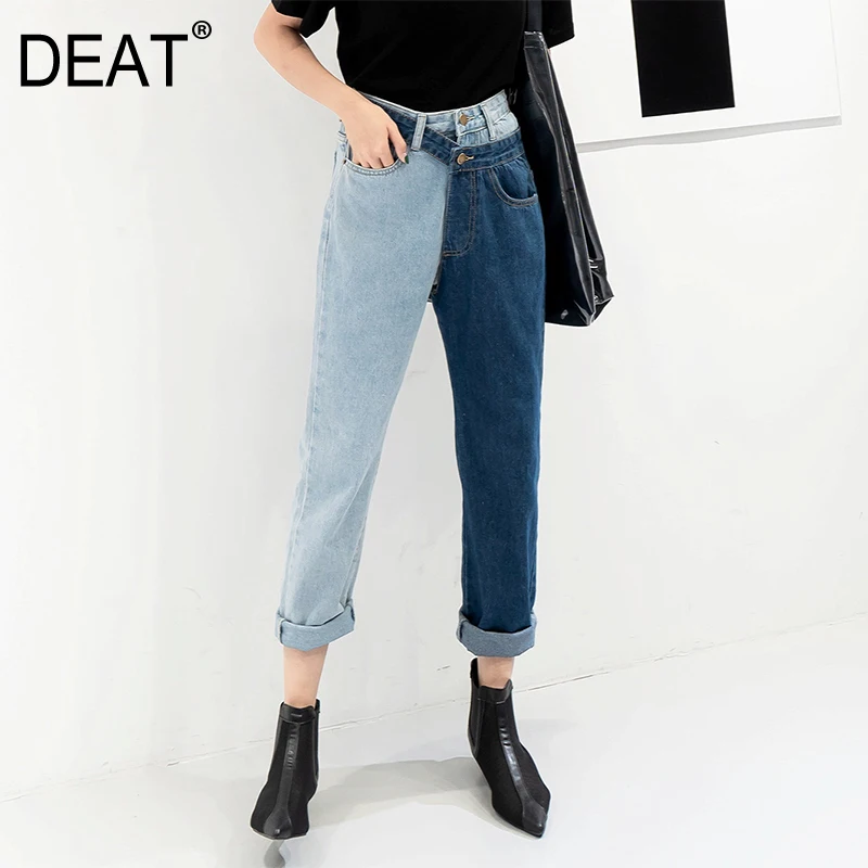 

[DEAT] New Spring 2019 Fashion High Waist Patchwork Hit Color Detachable Blue Jeans Straight Denim Pants Women SC0