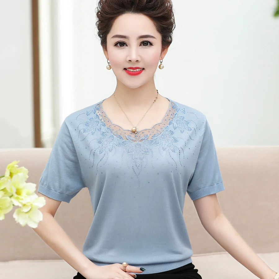 

Spring Autumn Middle Aged Women Sexy Lace Patchwork O-Neck Short Sleeve Thin Pullovers Sweater Ladies Plus Size Jumper Top