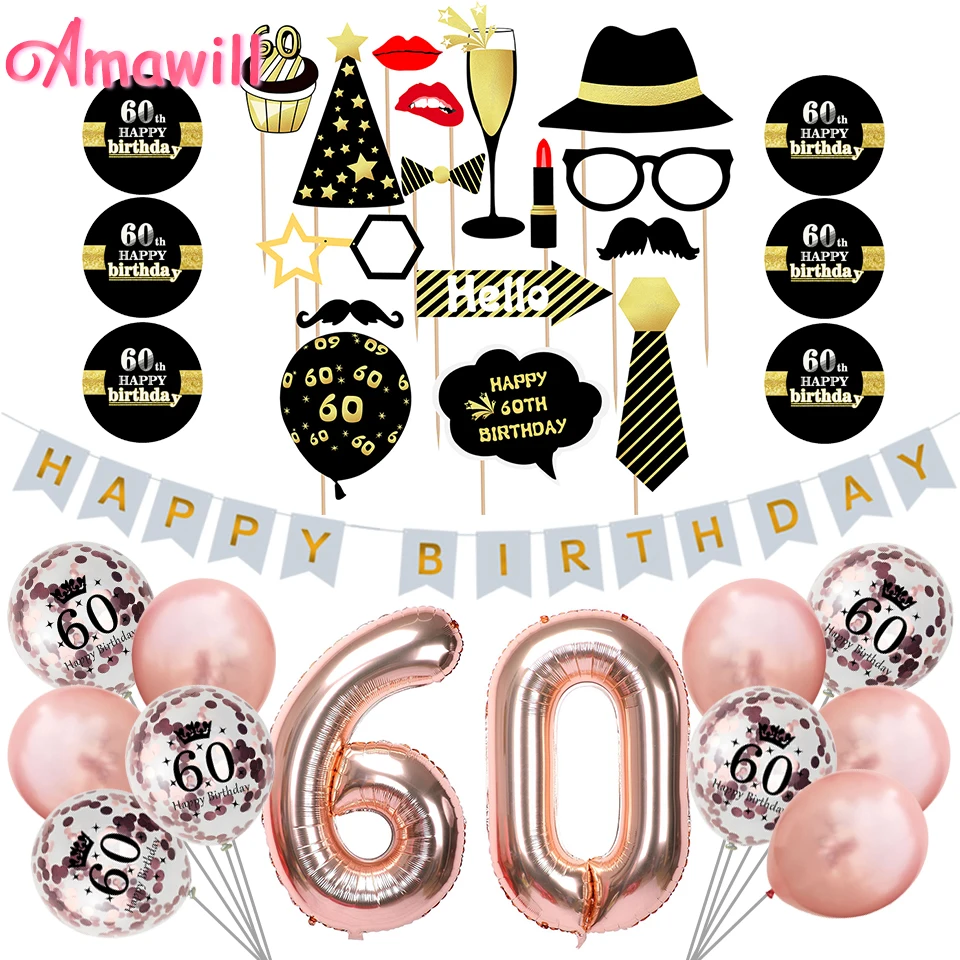 

Amawill 60th Birthday Party Decoration Kit Happy Birthday Banner Rose Gold Balloons Creative 60 Years Old Party Supplies 75D