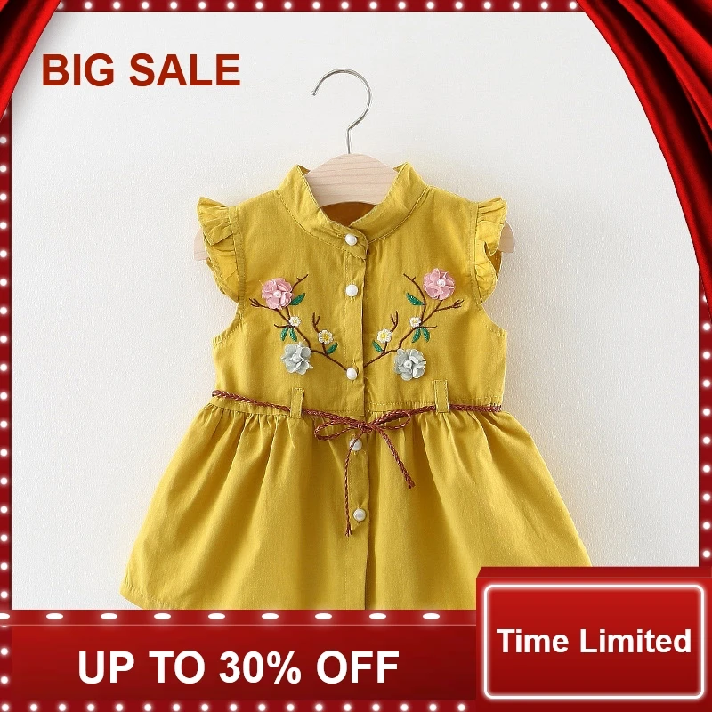 

Baby Dresses Girl Summer Clothes with Belt Embroidery Flower Baby Dress for Girl Ruffle Cotton Vestido Infantil