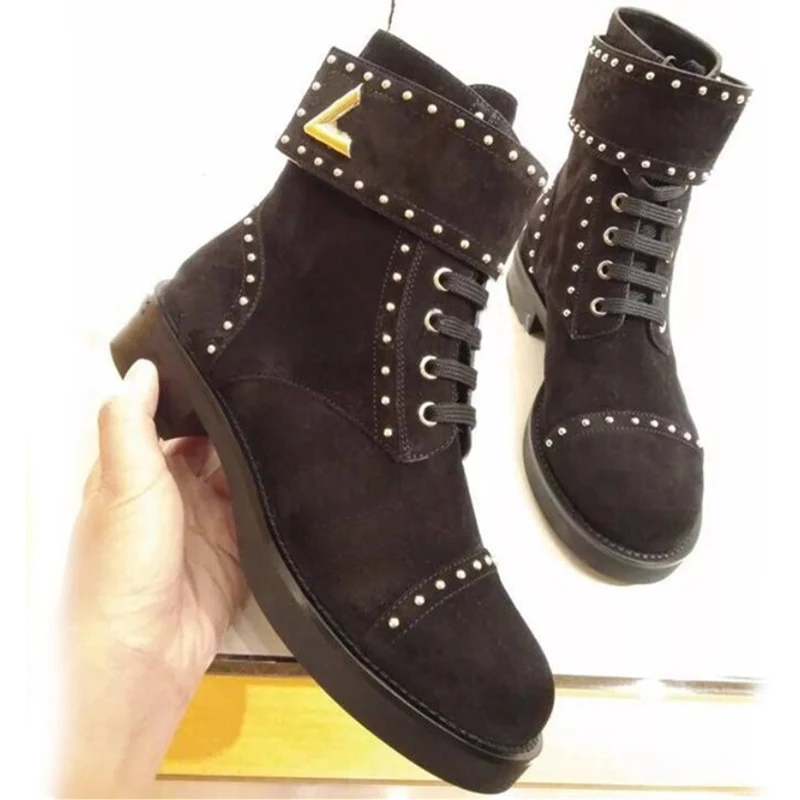 

2019 Hot Sale Spring Autumn Women Boots Rivets Design Black Suede Ankle Boots Chunky Heels Shoes Woman Lace Up Botas Mujer