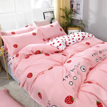 

4pcs/set Bedding Set Love Strawberry Pink Pattern Bed Linings Duvet Cover Bed Sheet Pillowcases Cover Set 51