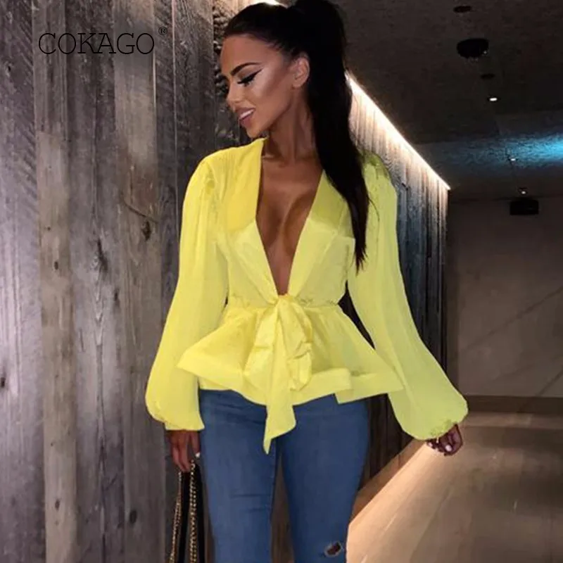 

COKAGO Long Lantern Sleeve Yellow T Shirt Women Deep V Neck Tee Shirt Summer Woman 2019 Lady's Sexy Bow Bandage Plus Size Shirts