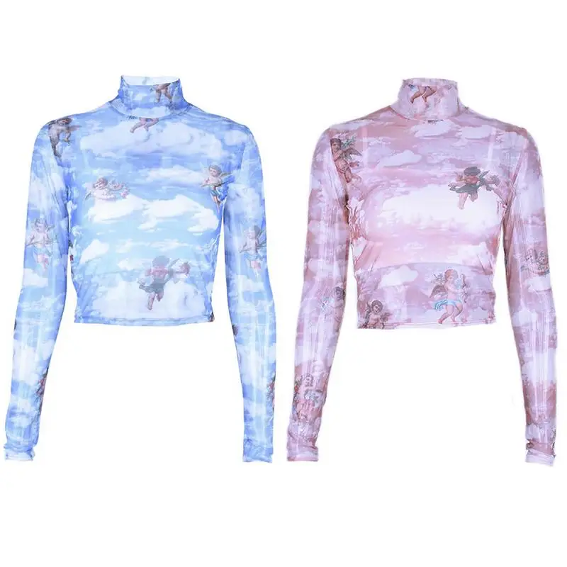 

Women Sexy Lace Transparent Short Top Turtleneck Long Sleeve Mesh Printing Crop Tops Drop Shipping