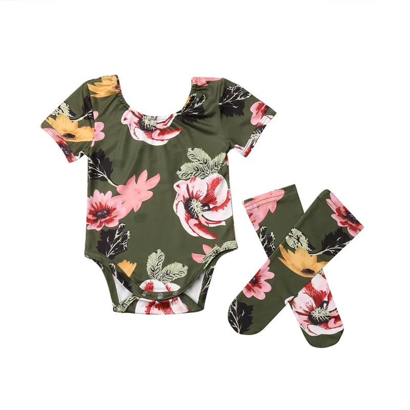

Lovely Newborn Toddler Kids Baby Girl clothes short sleeve round neck Geometry Bodysuit Floral print stocking 2pc Toddler Outfit